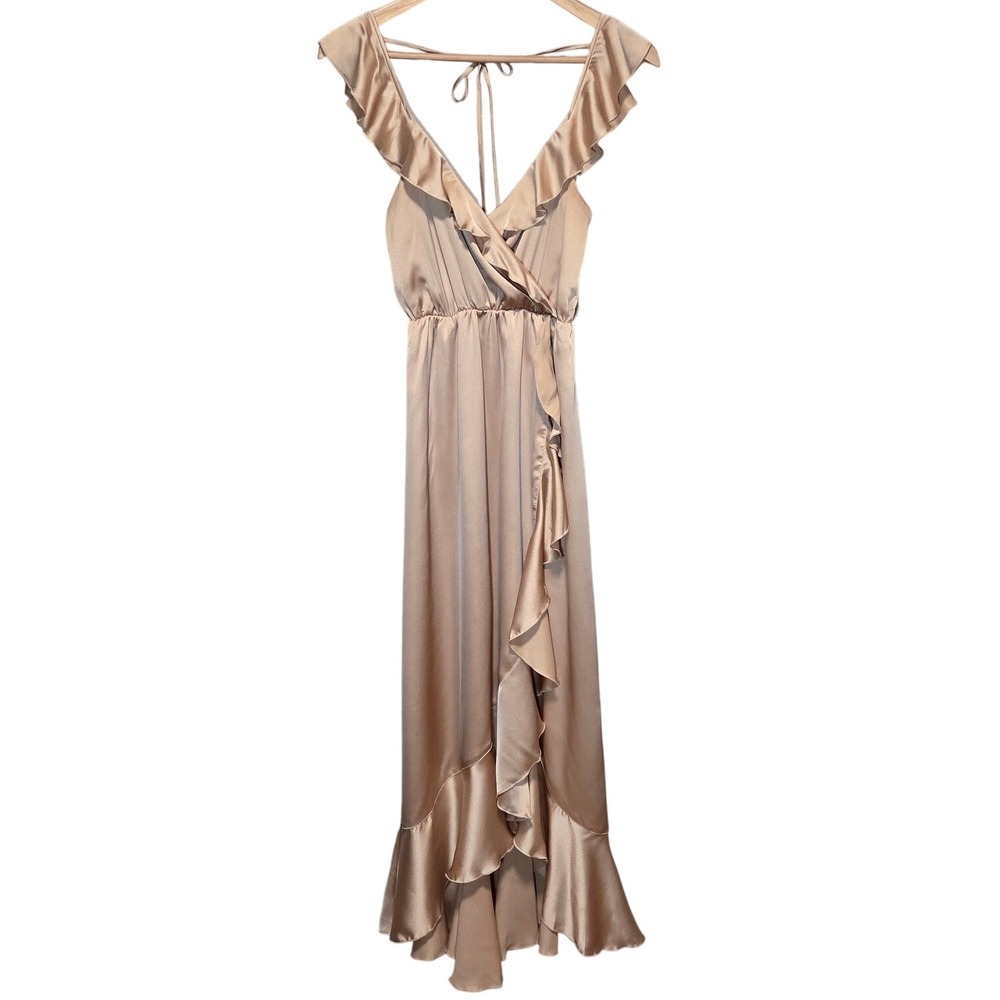 Show Me Your Mumu Samantha‎ Ruffle Wrap Dress XS Champagne Luxe Satin Gown